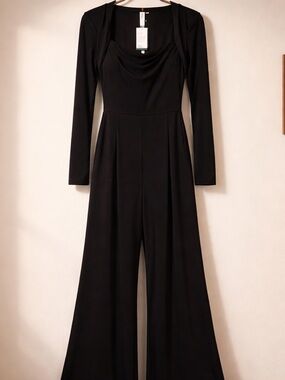 HALARA Black Long-Sleeve Wide-Leg Jumpsuit with Draped Neckline